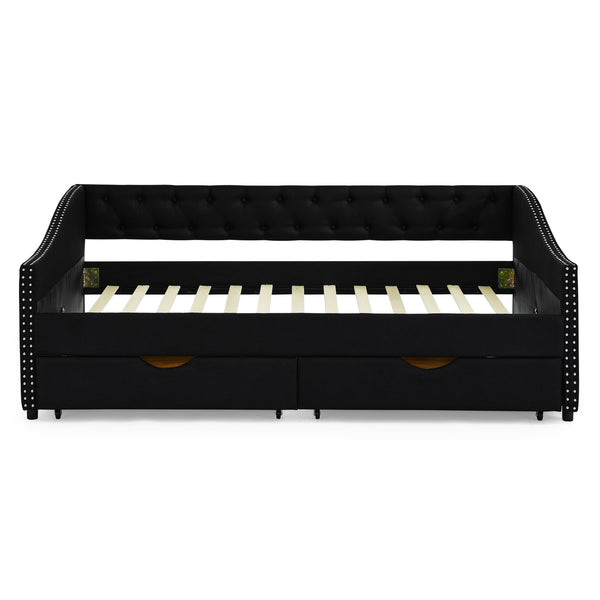 English Elm Full Size Daybed With Drawers - Elegant Upholstered Sofa Bed Featuring Tufted Back & Copper Accents W1413S00031