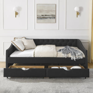 English Elm Full Size Daybed With Drawers - Elegant Upholstered Sofa Bed Featuring Tufted Back & Copper Accents W1413S00031