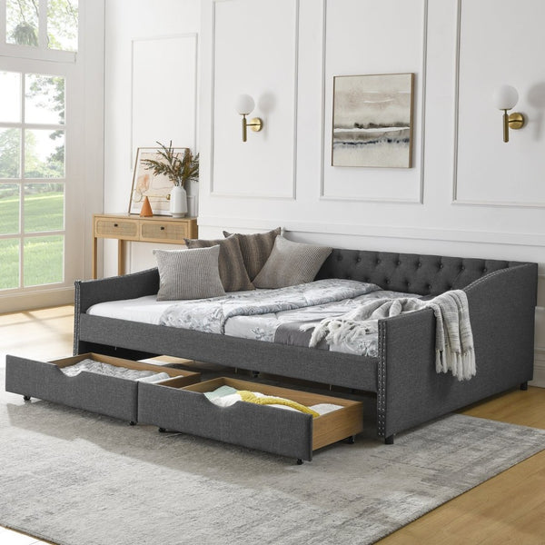 English Elm Queen Upholstered Tufted Daybed Sofa with Storage Drawers and Nailhead Arm Detail Dark Grey W1413S00195