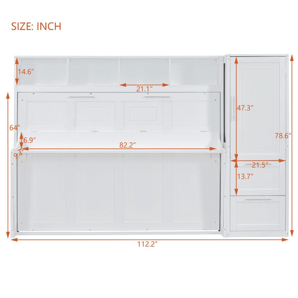 English Elm Queen Murphy Wall Bed with Integrated Wardrobe and Drawers for Studio or Guest Room White LP000793AAK-1