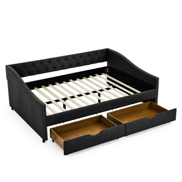 English Elm Full Size Daybed With Drawers - Elegant Tufted Sofa Bed, Copper Nail Trim & Space-Saving Design W1413S00032