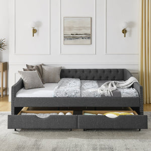 English Elm Queen Upholstered Tufted Daybed Sofa with Storage Drawers and Nailhead Arm Detail Dark Grey W1413S00195