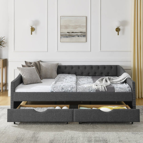 English Elm Queen Upholstered Tufted Daybed Sofa with Storage Drawers and Nailhead Arm Detail Dark Grey W1413S00195