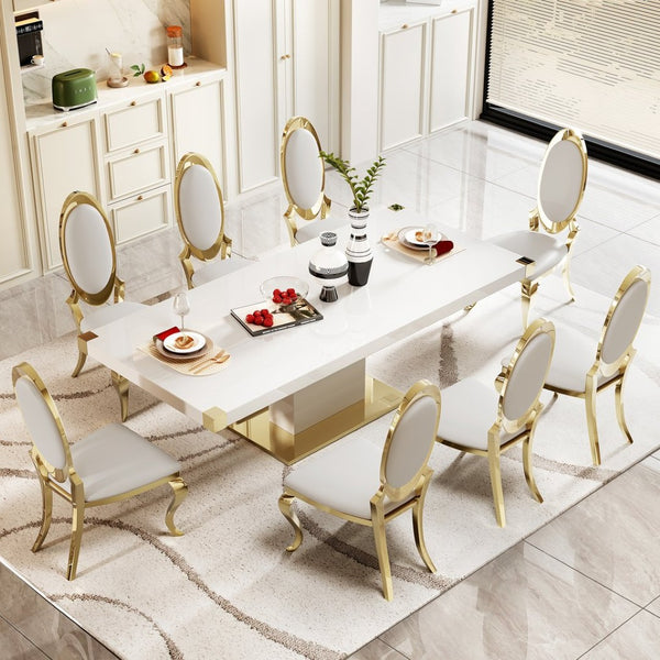 English Elm Mdf Contemporary Dining Table with Gold Stainless Steel Base Seats Six in Style W1311S00179