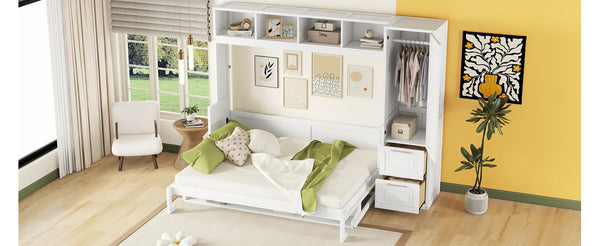 English Elm Queen Murphy Wall Bed with Integrated Wardrobe and Drawers for Studio or Guest Room White LP000793AAK-1