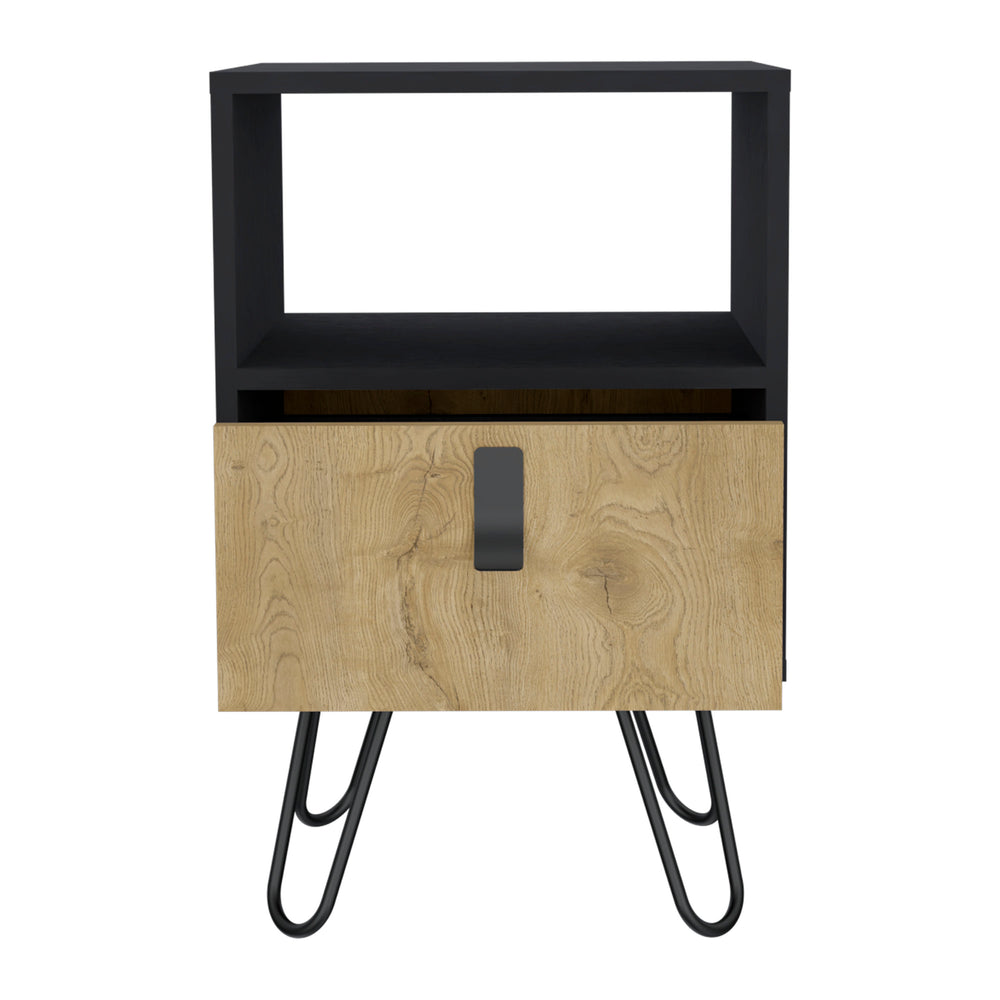 English Elm Nightstand with Hairpin Legs and Drawer, 24"H Black Macadamia, Compact Modern Storage Solution B097P167470