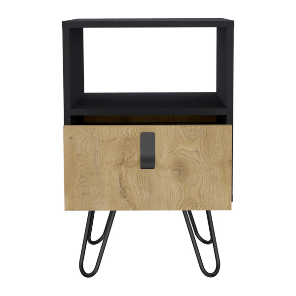 English Elm Nightstand with Hairpin Legs and Drawer, 24"H Black Macadamia, Compact Modern Storage Solution B097P167470