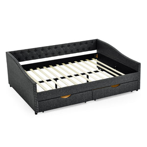 English Elm Queen Upholstery Daybed with Storage Drawers, Tufted Back & Nailhead Arms, 80"x60" Sleeper, 500lb Capacity DARK GREY W1413S00034