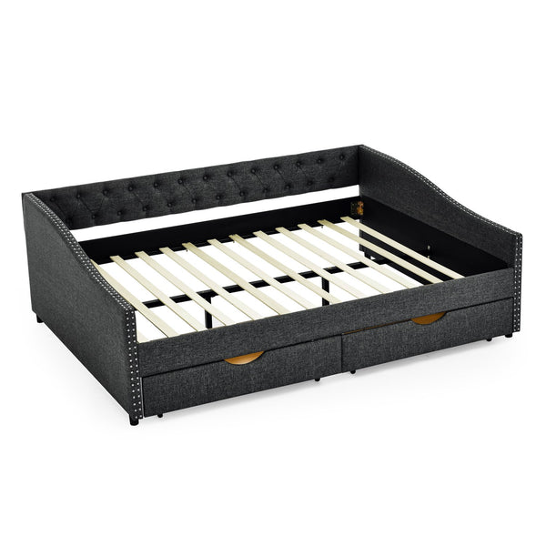 English Elm Queen Upholstery Daybed with Storage Drawers, Tufted Back & Nailhead Arms, 80"x60" Sleeper, 500lb Capacity DARK GREY W1413S00034