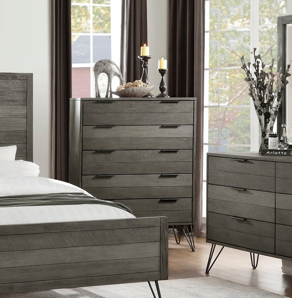 English Elm Contemporary Three-Tone Gray Acacia Chest of Drawers on Metal Legs, 5-Drawer Horizontal Slat Design, 51.5"H B01146550