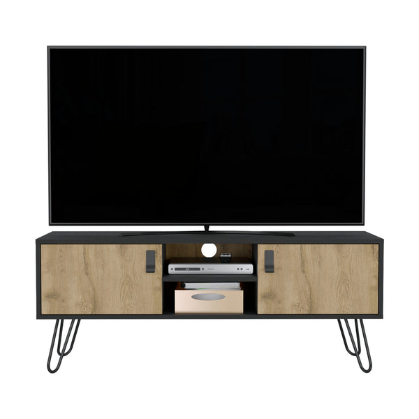 English Elm Toka Hairpin Legs TV Rack with Media Center, 2-Door Pine Storage, Cable Management, Retro Chic B097P167455