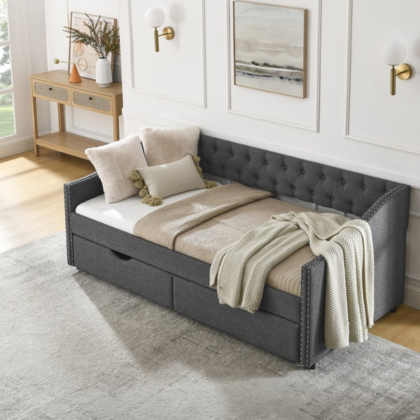 English Elm Twin Size Daybed With Stylish Drawers, Upholstered Tufted Design, Copper Nailhead Trim & Comfort Support W1413S00030-GIGA