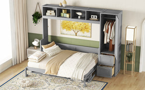 English Elm Queen Murphy Wall Bed with Integrated Wardrobe and Drawers for Studio or Guest Room Gray LP000793AAE-1