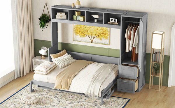 English Elm Queen Murphy Wall Bed with Integrated Wardrobe and Drawers for Studio or Guest Room Gray LP000793AAE-1
