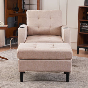 English Elm Beige Tufted Upholstered Armchair with Storage Ottoman, Cup Holders & Side Pocket for Living Space W1901P149127