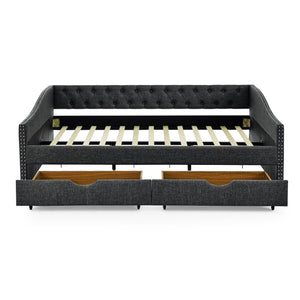 English Elm Queen Upholstery Daybed with Storage Drawers, Tufted Back & Nailhead Arms, 80"x60" Sleeper, 500lb Capacity DARK GREY W1413S00034