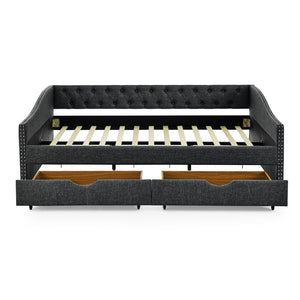 English Elm Queen Upholstered Tufted Daybed Sofa with Storage Drawers and Nailhead Arm Detail Dark Grey W1413S00195