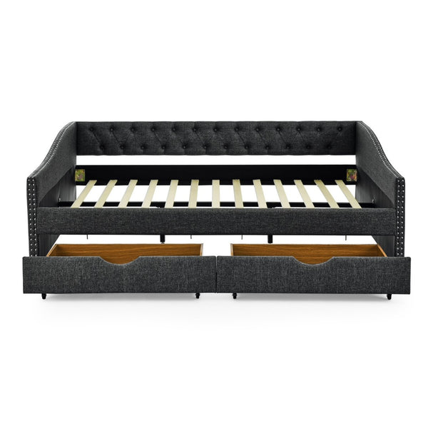 English Elm Queen Upholstered Tufted Daybed Sofa with Storage Drawers and Nailhead Arm Detail Dark Grey W1413S00195