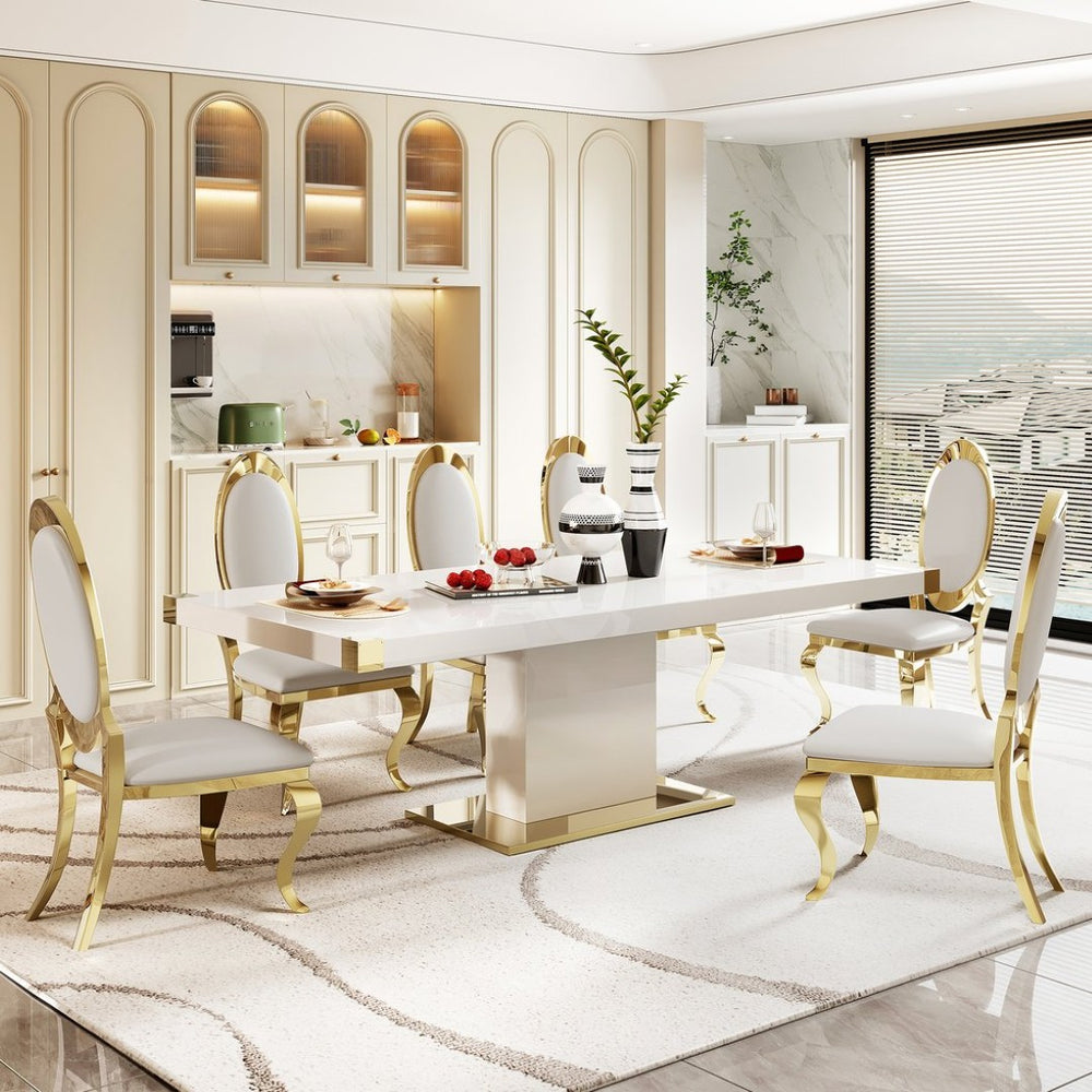 English Elm Mdf Contemporary Dining Table with Gold Stainless Steel Base Seats Six in Style W1311S00179