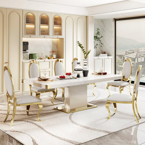 English Elm Mdf Contemporary Dining Table with Gold Stainless Steel Base Seats Six in Style W1311S00179