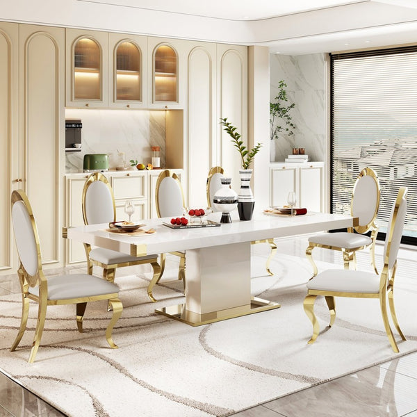 English Elm Mdf Contemporary Dining Table with Gold Stainless Steel Base Seats Six in Style W1311S00179