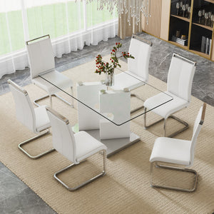 Hearth and Haven Large Modern Minimalist Rectangular 0.31 "Thick Tempered Glass Dining Table, Suitable For 6-8 People. 6 Leatherette Synthetic Leather High Backbone Cushioned Side Chairs with C-Shaped Silver Metal Legs. C-1162 W1151S00796 W1151S00796