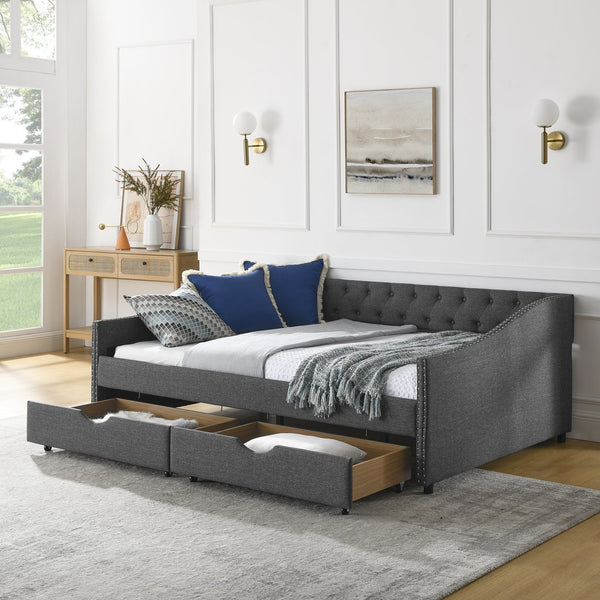 English Elm Full Size Daybed With Drawers - Elegant Tufted Sofa Bed, Copper Nail Trim & Space-Saving Design W1413S00032