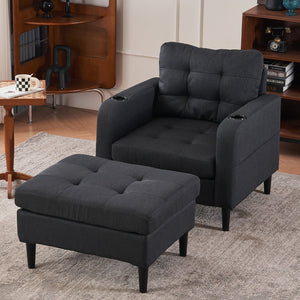 English Elm Dark Gray Tufted Upholstered Armchair with Storage Ottoman, Cup Holders, Side Pocket & Metal Frame W1901P149126