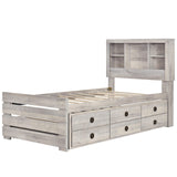 Hearth and Haven Radiate Twin Size Bookcase Captain Bed with 3 Drawers and Trundle, Rustic White BS316105AAC