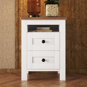 English Elm 2-Drawer Farmhouse Nightstand with Spacious Storage, Weathered White-Brown Wood Side Table, Durable Elegance WF317945AAK