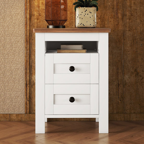 English Elm 2-Drawer Farmhouse Nightstand with Spacious Storage, Weathered White-Brown Wood Side Table, Durable Elegance WF317945AAK