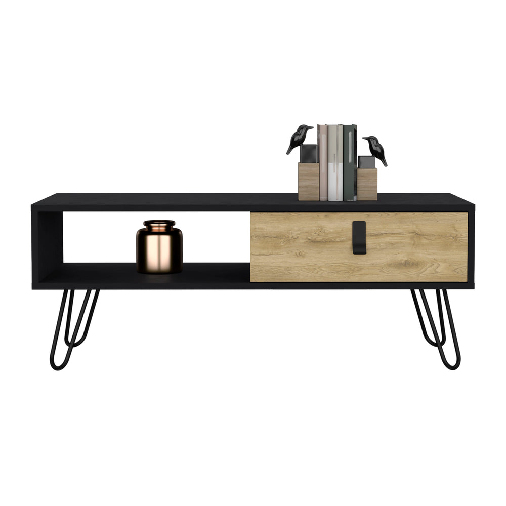 English Elm 15" Modern Rectangular Coffee Table in Black/Macadamia with Harpin Legs, Divider & Hidden Drawer B097P167464