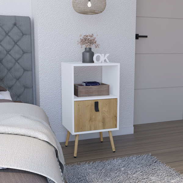 English Elm Tall Nightstand MWM9901 29"H White+Walnut – Modern Pine MDF Nightstand with Drawer, Open Shelf, Durable Finish B097P167469