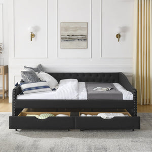 English Elm Queen Upholstery Daybed with Storage Drawers, Tufted Back & Nailhead Arms, 80"x60" Sleeper, 500lb Capacity Black W1413S00033