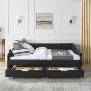 English Elm Queen Upholstered Tufted Daybed Sofa with Storage Drawers and Nailhead Arm Detail Black W1413S00194