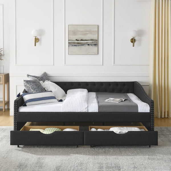 English Elm Queen Upholstered Tufted Daybed Sofa with Storage Drawers and Nailhead Arm Detail Black W1413S00194