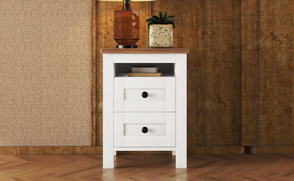 English Elm 2-Drawer Farmhouse Nightstand with Spacious Storage, Weathered White-Brown Wood Side Table, Durable Elegance WF317945AAK