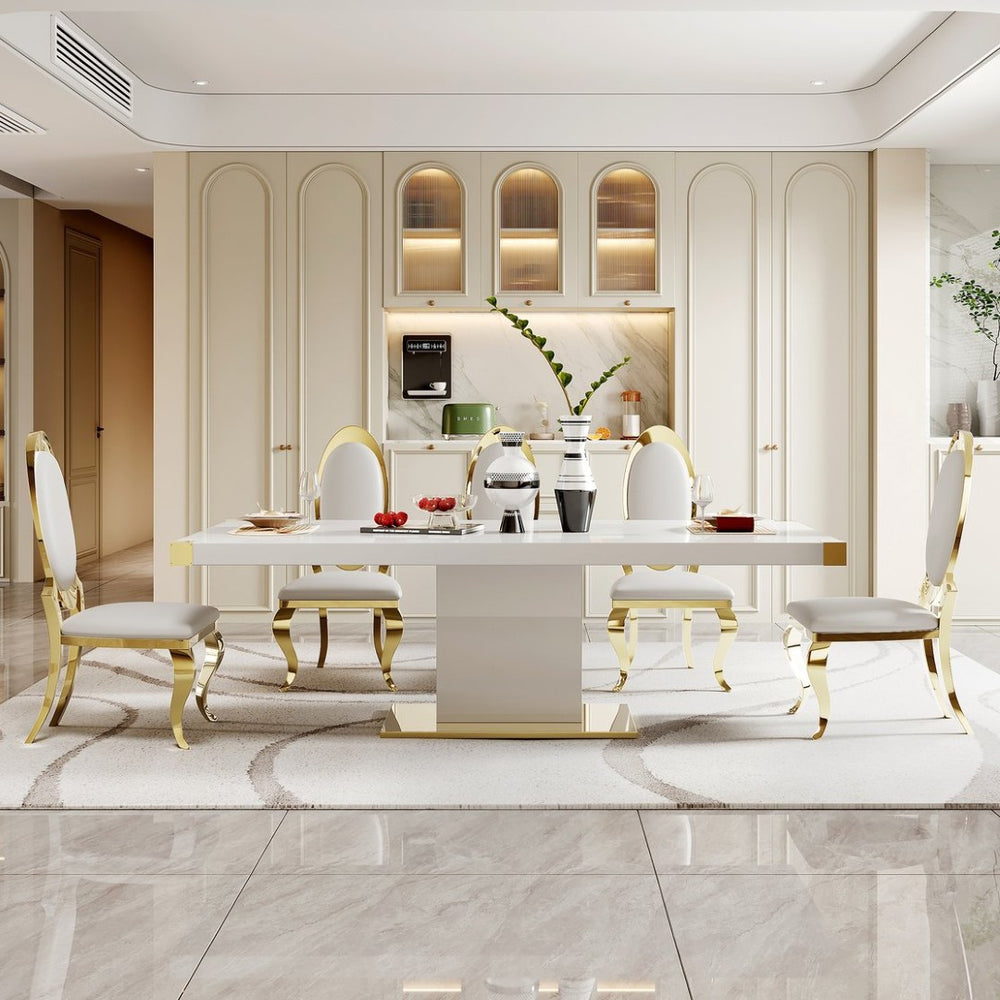 English Elm Mdf Contemporary Dining Table with Gold Stainless Steel Base Seats Six in Style W1311S00179