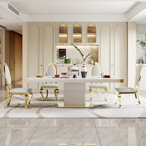 English Elm Mdf Contemporary Dining Table with Gold Stainless Steel Base Seats Six in Style W1311S00179