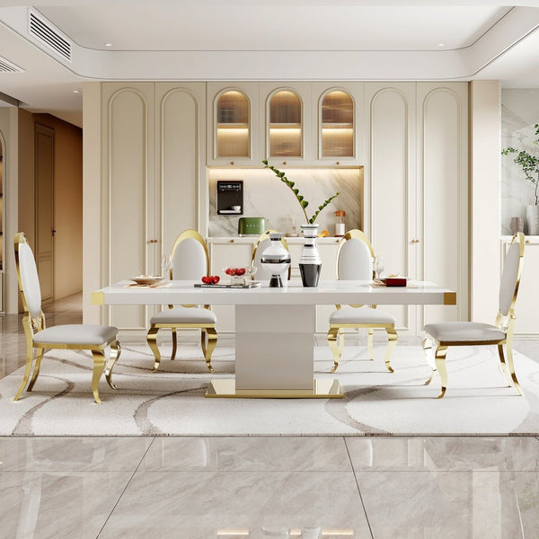 English Elm Mdf Contemporary Dining Table with Gold Stainless Steel Base Seats Six in Style W1311S00179