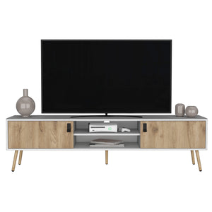 English Elm Toka White+Walnut TV Rack with 2 Hinged Doors, 4 Shelves, Pine Build, Elegant Storage & Stability B097P167454