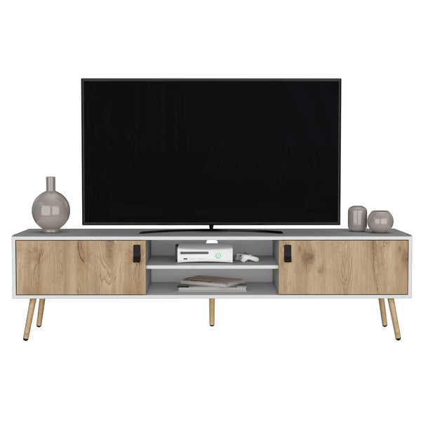 English Elm Toka White+Walnut TV Rack with 2 Hinged Doors, 4 Shelves, Pine Build, Elegant Storage & Stability B097P167454