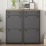 Slim Shoe Cabinet Set with 4 Flip Drawers, Wood Grain Top, Adjustable Panel, Modern Style Shoe Rack for Hallway, Grey