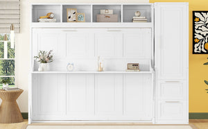 English Elm Queen Murphy Wall Bed with Integrated Wardrobe and Drawers for Studio or Guest Room White LP000793AAK-1