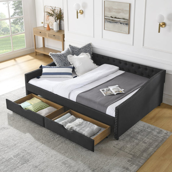 English Elm Queen Upholstery Daybed with Storage Drawers, Tufted Back & Nailhead Arms, 80"x60" Sleeper, 500lb Capacity Black W1413S00033