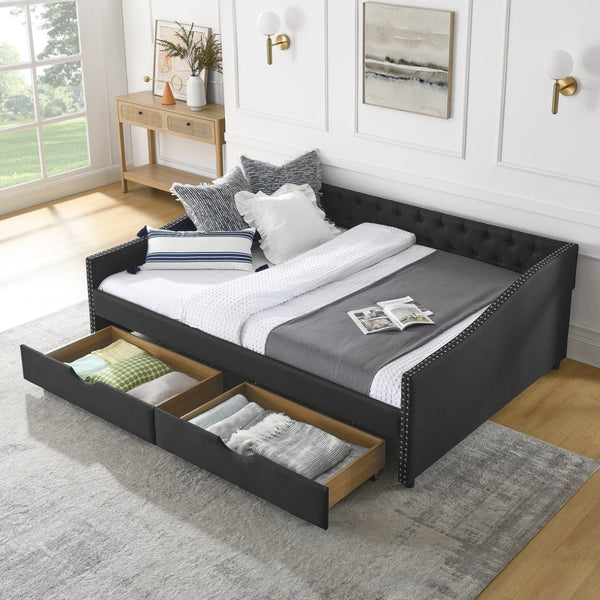 English Elm Queen Upholstered Tufted Daybed Sofa with Storage Drawers and Nailhead Arm Detail Black W1413S00194