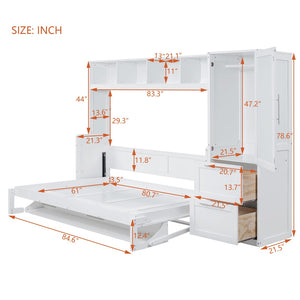 English Elm Queen Murphy Wall Bed with Integrated Wardrobe and Drawers for Studio or Guest Room White LP000793AAK-1