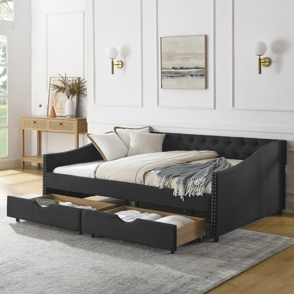 English Elm Full Size Daybed With Drawers - Elegant Upholstered Sofa Bed Featuring Tufted Back & Copper Accents W1413S00031