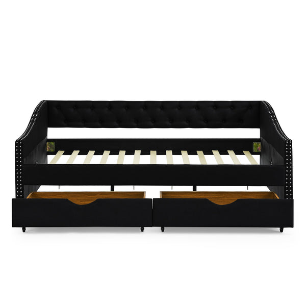 English Elm Full Size Daybed With Drawers - Elegant Upholstered Sofa Bed Featuring Tufted Back & Copper Accents W1413S00031