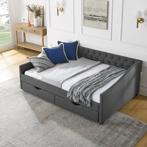 English Elm Full Size Daybed With Drawers - Elegant Tufted Sofa Bed, Copper Nail Trim & Space-Saving Design W1413S00032